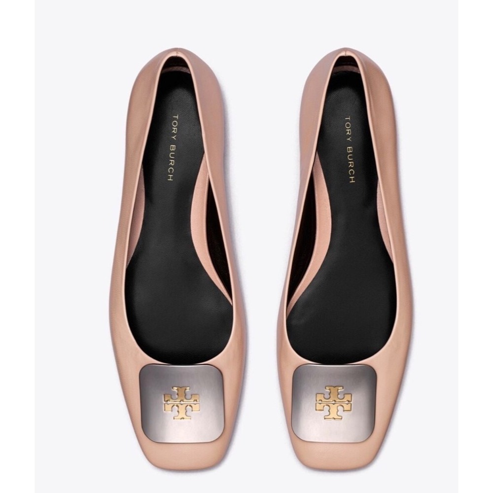 Tory Burch Eleanor Square Toe Leather Ballet Flats Pink Silver Logo Plate